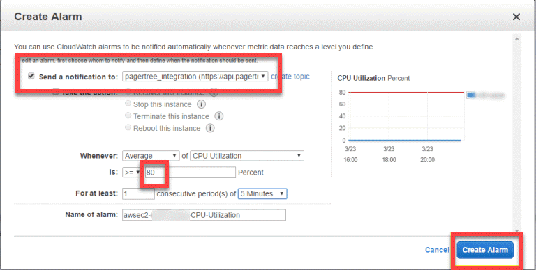 Select your newly created SNS Topic as the alarm destination.